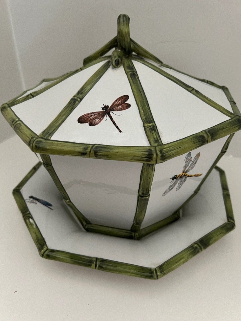 Italian Vintage 1970’s Costa Bamboo and Dragonfly Bowl with Lid and Base Plate